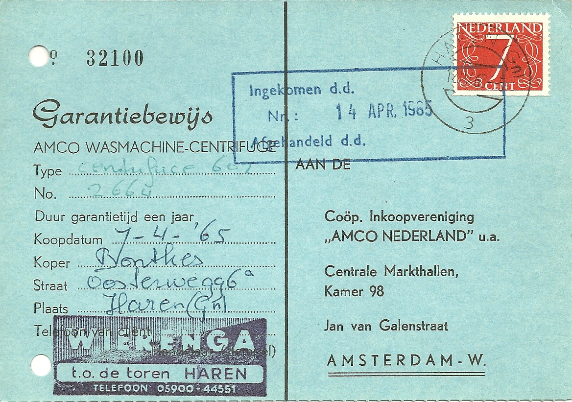 Drukwerk verzonden van Haren (Gld) naar Amsterdam op 12 april 1965. Papier van zegel is V, dus afkomstig uit Pb1H.