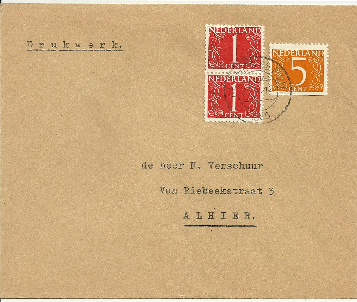 Drukwerk verzonden van Alphen a/d Rijn naar Alphen a/d Rijn op 31 mei 1965. Papier van zegel is V, dus afkomstig uit Pb2h