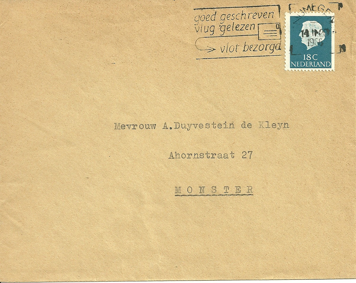 Brief verzonden van Nijmegen naar Monster op 14 februari 1966. Brieftarief van 1-6-1965 t/m 30-4-1966 is 18ct.
