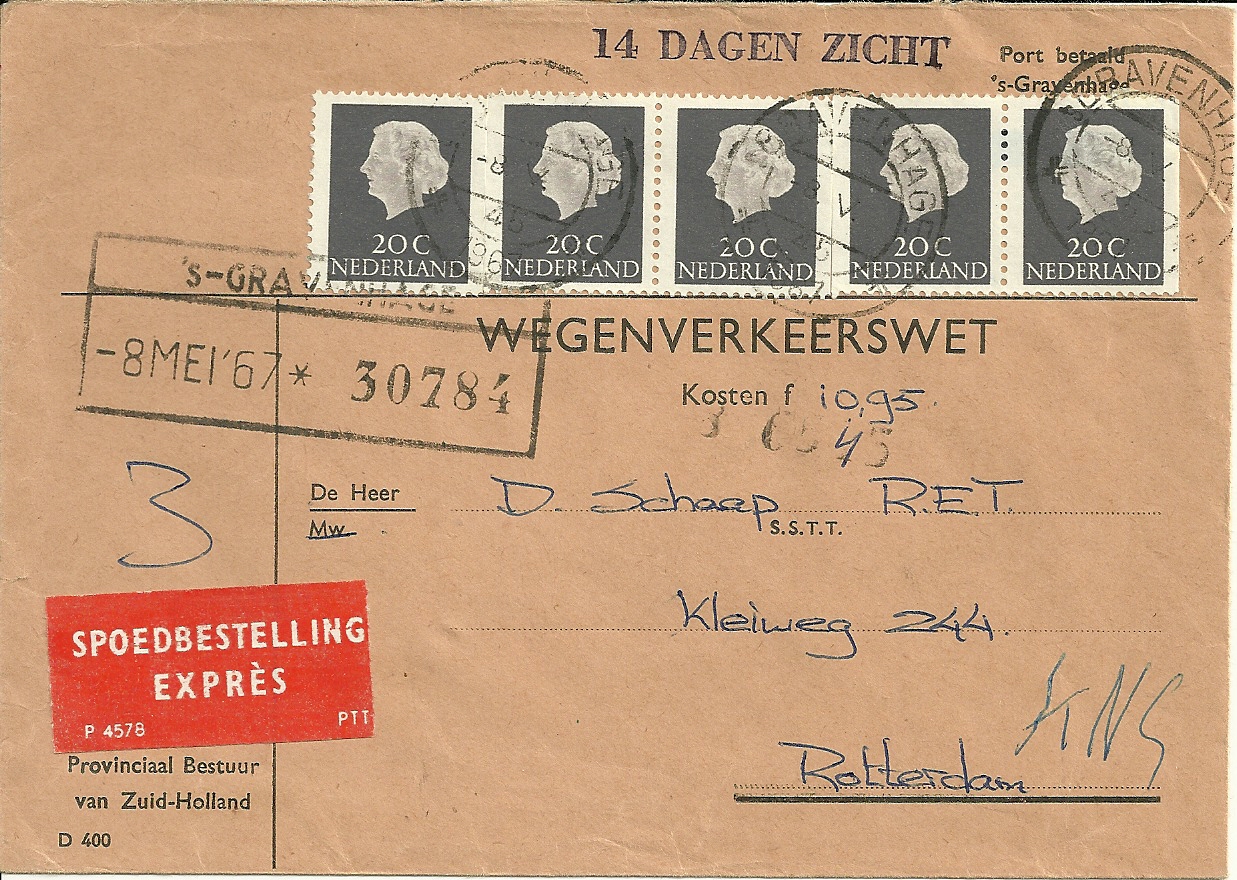 Expresse brief verzonden op 8 mei 1967 van 's Gravenhage naar Rotterdam.