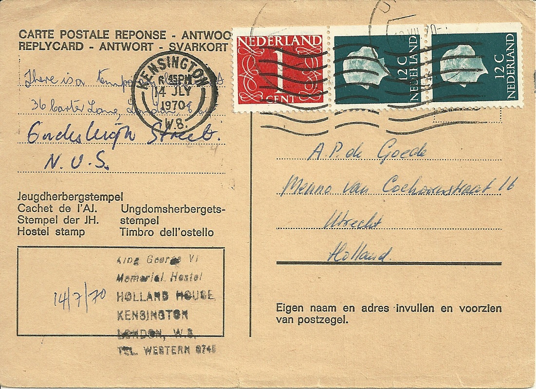 Antwoordkaart verzonden op 10 juli 1970 van Utrecht naar Londen (Engeland), deze werd beantwoord op 14-juli 1971