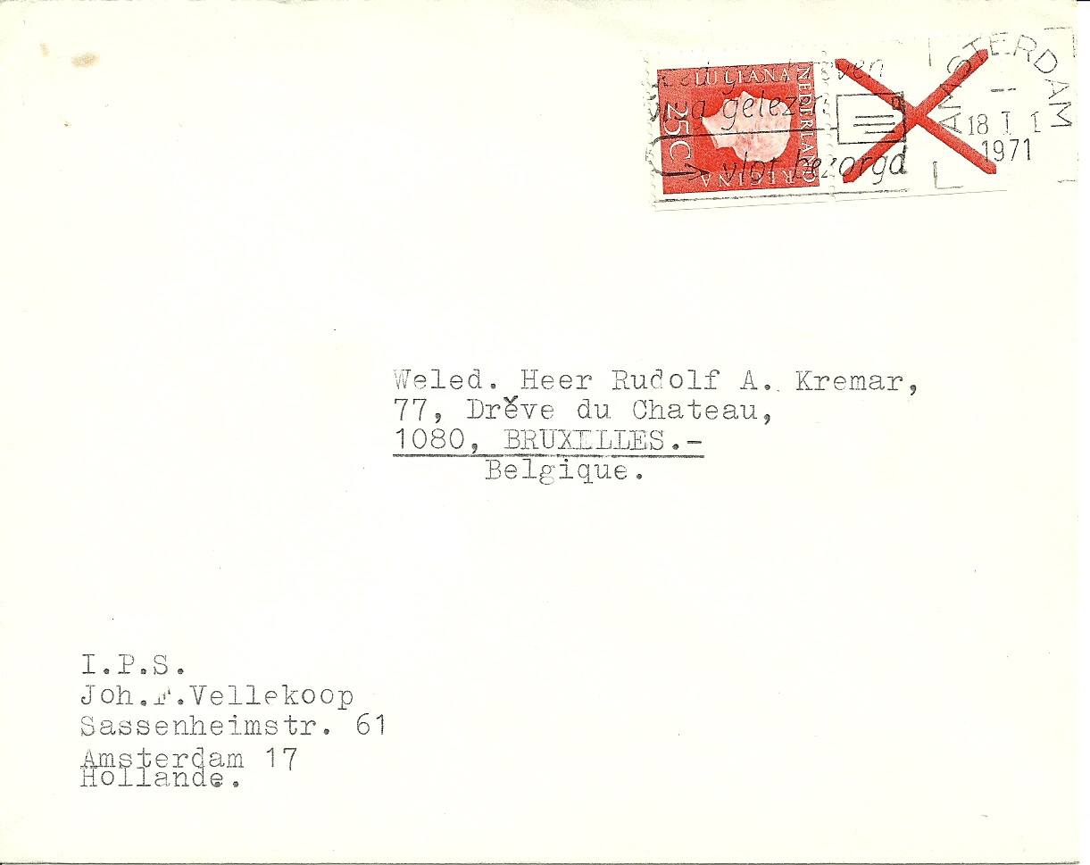 Brief verzonden op 18 januari 1971 van Amsterdam naar Brussel )B'. Zegel uit Pb9eF.
