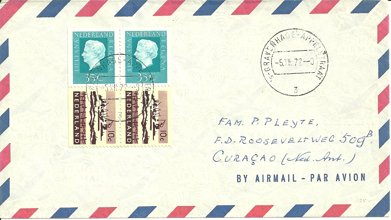Brief verzonden op 5 december 1972 van s'Gravenhage naar Curacoa . Luchtposttarief 10-20 gram is 90ct.
