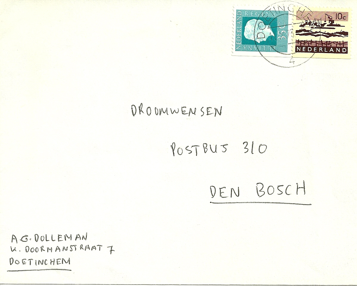 Pb12a brief verzonden van Doetinchem naar 's Hertogenbosch op 11 oktober 1973. Geldig tarief van 1-9-1973 tot 1-9-1974 40ct, dus 5ct teveel gefrankeerd.
