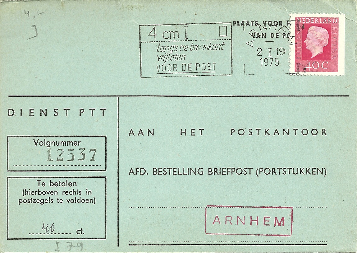 Bericht van strafport voldaan op 2 januari 1975 te Arnhem.
