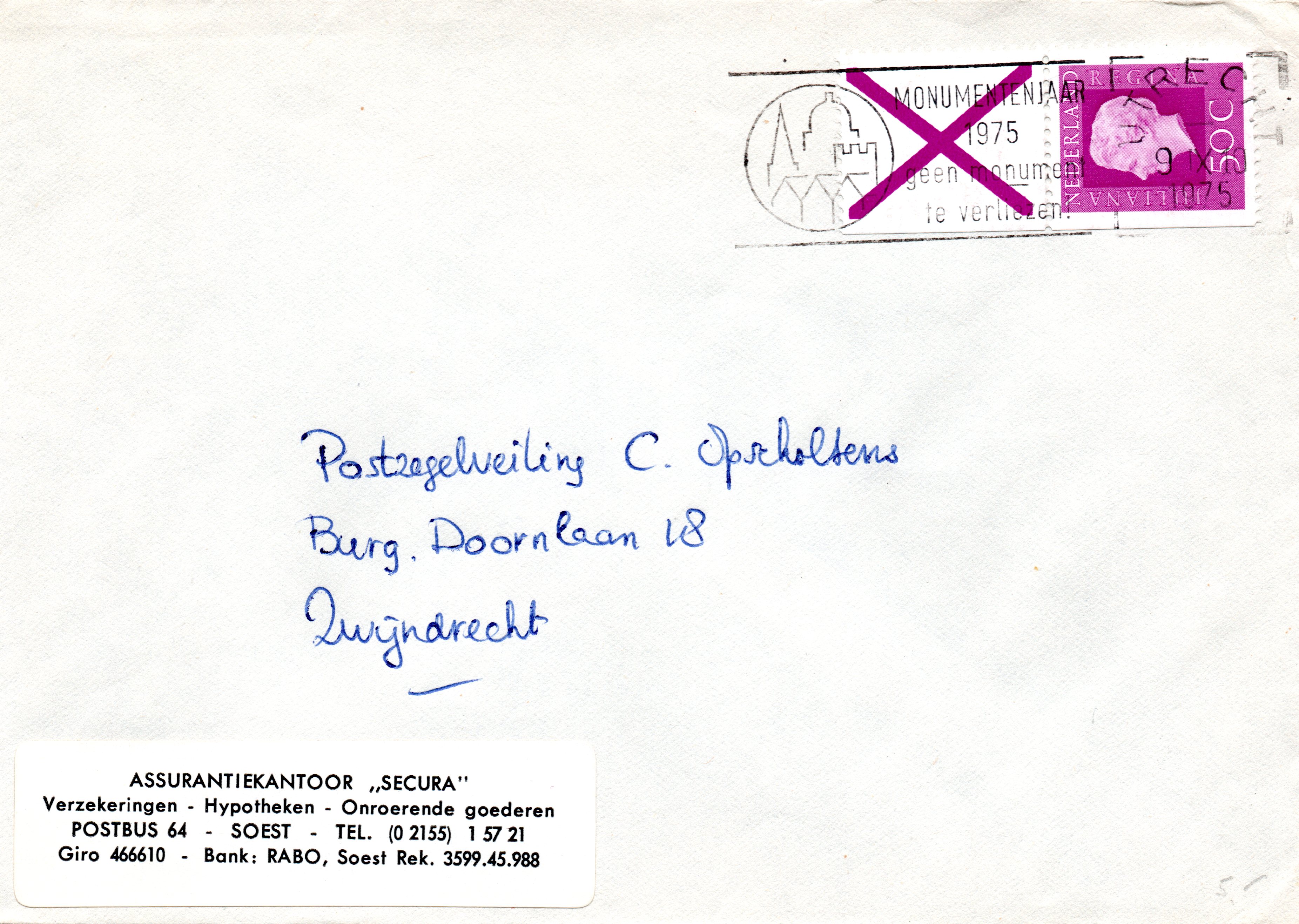 Pb18 brief verzonden op 9 november 1975 van Utrecht naar Zwijndrecht.Door de dikte van Xs, 1.8mm., en de datum kunnen we aannemen dat deze combinatie uit Pb18b komt. Tarief is correct voor gewichtsgroep 1 Interlokaal.